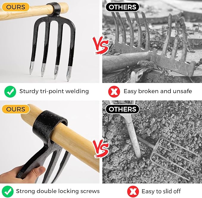 Heavy Duty Forged Eye Hoe Fork for Garden - 4 Tines Digging Spading Fork, Forged High-Carbon Steel (Corrosion-Resistant), Effortless Tool for Digging, Harvesting Tubers, Weeding