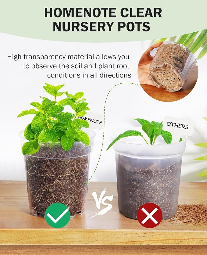 homenote Clear Nursery Pots for Plants,4 Inch Plant Pot for Planting Plastic Seedling with Drainage Holes Seed Starter Flower High Transparency with 20 Labels (30 Pack)