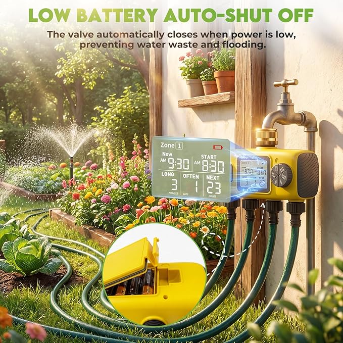 4 Zone Water Timer for Garden Hose, 4 Outlets Sprinkler Timer for Watering with Brass Inlet,Rain Delay/Automatic/Manual Irrigation System for Garden Sprinkler Controller for Lawn Yard Garden