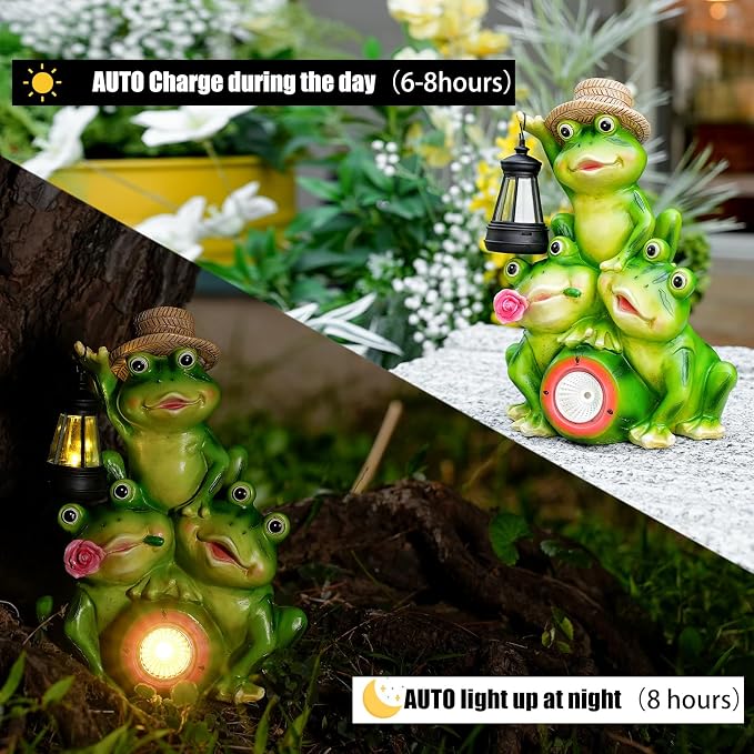 Joint Honglin Solar Frog Family Garden Statue with Lighted Lantern & Watermelon, Outdoor Frog Figurine, Waterproof Resin Garden Decor for Yard Lawn Patio Porch (Family Frogs)