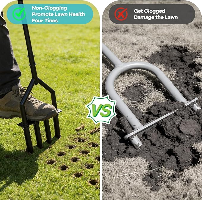 Lawn Core Aerator with 4 Detachable Hollow Tines, Pre-Assembled Manual Plug Aerator Tool with T-Handle & Foot Bar, Grass Soil Aerator for Lawn Yard Aeration & Soil Loosening