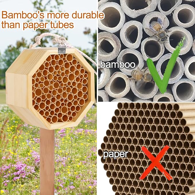 Mason Bee House - Handcrafted Natural Wooden Bee Hotel with Waterproof Wax Coating - Attracts Peaceful Pollinators, Enhances Garden Productivity