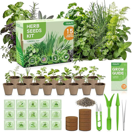 Herb Garden Starter Kit – Fruivity 12800+ 15 in 1 Herb Heirloom Seed Kits for Indoor/Outdoor Planting | Herb Indoor Garden Kit Starter - Complete Herb Garden Starter Set with Gift Packaging for Family