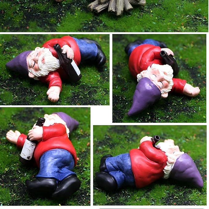 Set of 4 Mini Garden Gnomes with Campfire - 3 Drunk Gnome Figurines and 1 Campfire for Fairy Garden Decor, Plant Pot Decorations, Dashboard Ornaments, and Outdoor Spaces