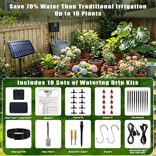Solar Drip Irrigation System for 10 Potted Plants, Auto Watering Kit with 32FT Hose & 10 Drippers, Smart Timer & Low Water Alarm, Self Watering for Outdoor Balcony, No Electricity Needed