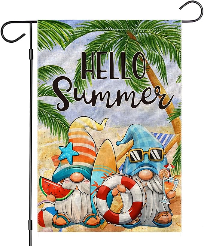 Hello Summer Garden Flags 12x18 Inch Double Sided, Cartoon Gnomes at The Beach Yard Decoration, Small Seasonal Outside Decor for Spring Outdoor Farmhouse Holiday