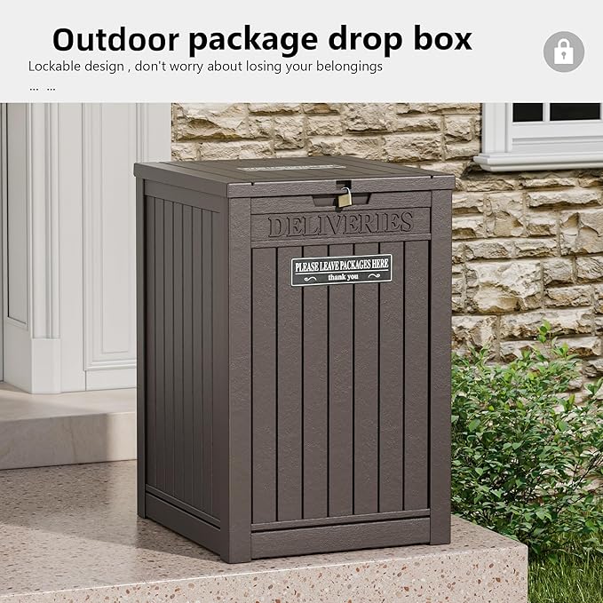 Package Delivery Box for Outside, Storage Box with Lockable Secure, Outdoor Resin Package Drop Container Waterproof for Backyard, Garden, Patio & Lawn, Brown