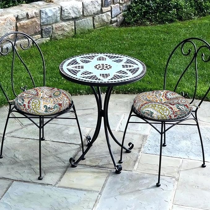 DYTXIII Set of 2 Outdoor Round Chair Cushions 15"x15"x4" with Ties, Water Repellent Tufted Bistro Seat Cushions, Thick Patio Chair Pads for Bar Stool, Garden & Dining Furniture - Paisley Chilli