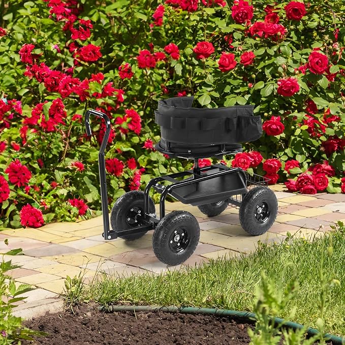 VINGLI Rolling Garden Stool with Seat and Extendable Handle, Gardeners Tool Seat with Wheels and Extra Storage, Gifts for People with Bad Knees (Black)