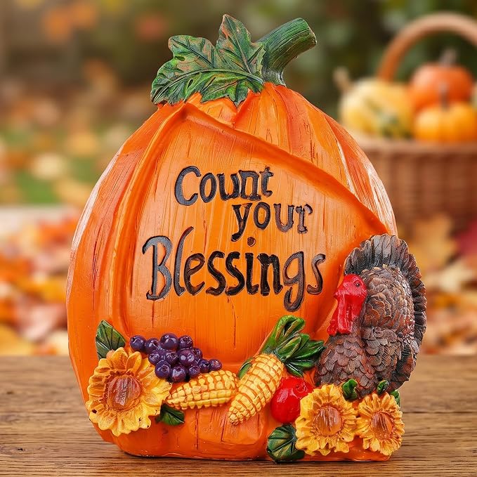 Topadorn Thanksgiving Pumpkin Figurine with Count Your Blessings Quote, Harvest Turkey Statue with Sunflowers, Fall Table Decor