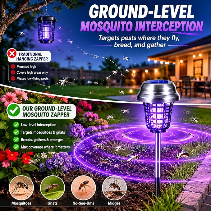 2026 Mosquito Repellent Outdoor Patio Solar Bug Zapper Outdoor Mosquito Zapper for Moths,Gnats,Flies,Small Flying Insect,Gnat Killer for Vegetable Beds,Electric Fly Zapper for Backyard,Garden 4Pack