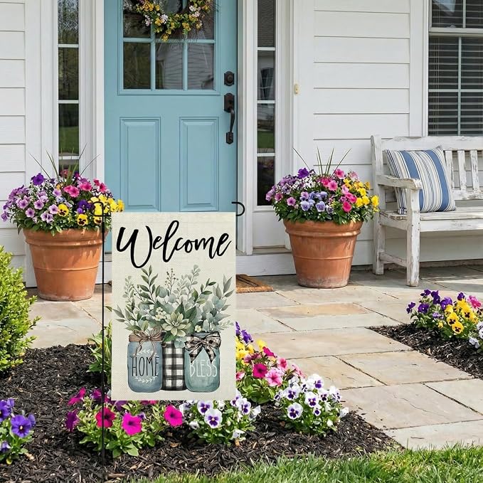 CROWNED BEAUTY Spring Garden Flag Eucalyptus Mason Jar 12x18 Inch Double Sided Small Seasonal Farmhouse Floral Holiday Decoration for Outdoor Lawn Yard
