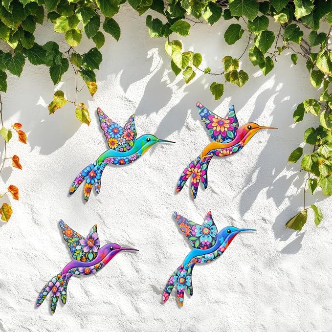 Metal Hummingbird Wall Art, 4 PCS Metal Bird Wall Hanging Decorations for Outdoor Fence Garden Yard Patio Balcony, Garden Gifts for Friends