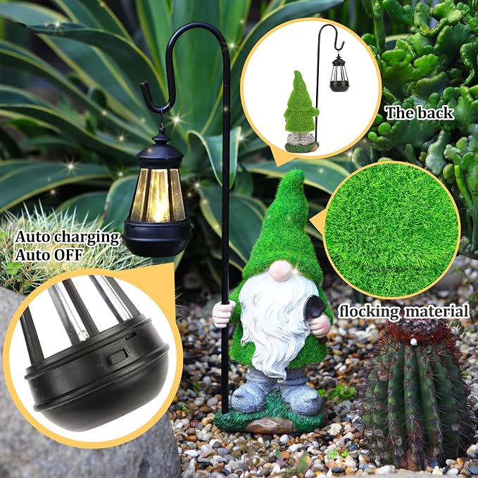 VChymm Flocked Solar Garden Gnomes Outdoor Statues 15.8”Outdoor Garden Decor LED Outdoor Decor Light Unique Housewarming Gifts Yard Art Sculptures for Patio Lawn Ornaments