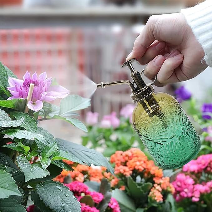 Glass Plant Mister Spray Bottle, 350ML Vintage Plant Spritzer, Succulent Watering Bottle Glass with Top Pump, Small Plants Sprayer Watering Can for Indoor (Brown Green)