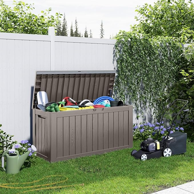 PatioZen 90 Gallon Resin Deck Box, Lockable Patio Outdoor Storage Box for Furniture, Garden Tools and Tools Storage, Waterproof Outside Storage Boxes - Grey