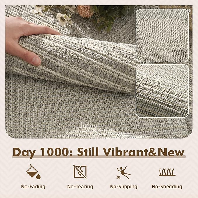 MontVoo-Outdoor Rug-Patio Rug 9x12 Polypropylene Indoor Outdoor Rugs Outdoor Carpet for Patio Deck Balcony Porch, Textured Weave, Durable for High Traffic, Fade-Resistant, Boho Geometric Silver Grey