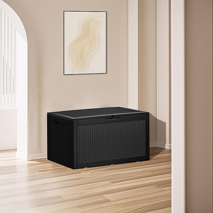 Outdoor Storage Box, 110 Gallon Resin Deck Box Waterproof for Patio Furniture, Garden Tools and Pool Accessories, Lockable UV-Resistant Storage Bin Bench Cabinet for Outside, Black