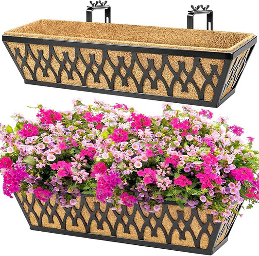 2 Pack 24 Inch Window Boxes Planters Railing Planter Box with Adjustable Brackets for Porch Fence Patio Balcony Hanging Flower Baskets with Coco Liners for Outdoor Garden Décor - Black