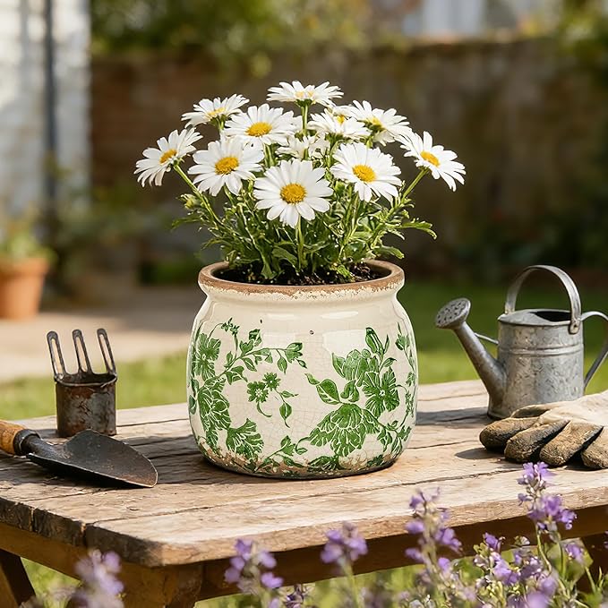 Sungmor Set of 2 Farmhouse Ceramic Planters with Drainage Hole,Vintage Crackle Glaze Flower Pots, Tuscan Decor Pots for Indoor/Outdoor Herbs,Succulents and Small Flowers
