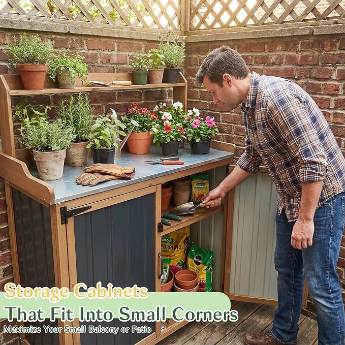 Outdoor Storage Cabinet with 4 Wheels and Handle, Metal & Wood Potting Bench Storage Cabinets with Waterproof Top, Removable Shelf, Potting Table & Workstation for Garden, Patio, Balcony, Garage