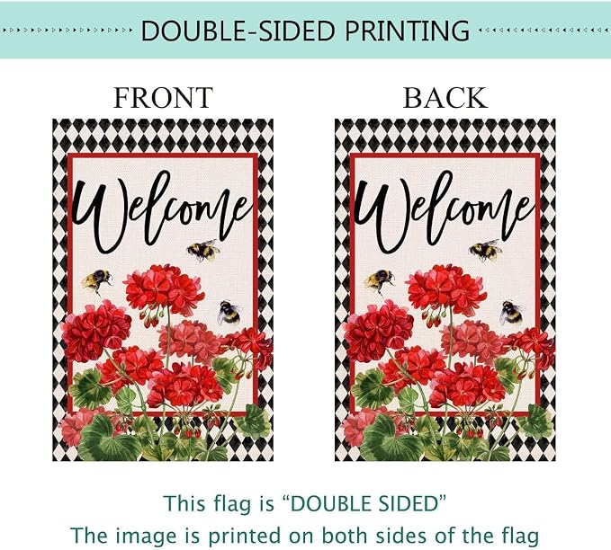 Baccessor Spring Summer Geranium Welcome Garden Flag Double Sided Summer Bee Red Floral Buffalo Plaid Small Burlap Yard Flag House Seasonal Farmhouse Outside Outdoor Decoration 12.5 x 18 Inch