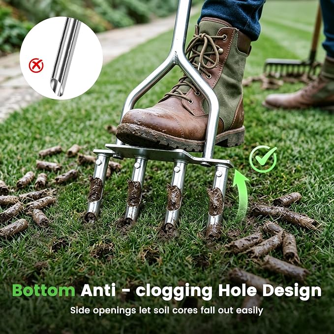 Manual Lawn Core Aerator with 4 Hollow Tines, Adjustable Height Grass Aeration Tool with Widened Footrest, Heavy Duty Plug Aerator for Lawn Yard Soil Compaction Relief
