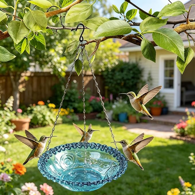4 Pack Blue Hanging Bird Bath & Feeder, Plastic Water Seed Tray, Outdoor Decor for Wild Birds & Garden Yard