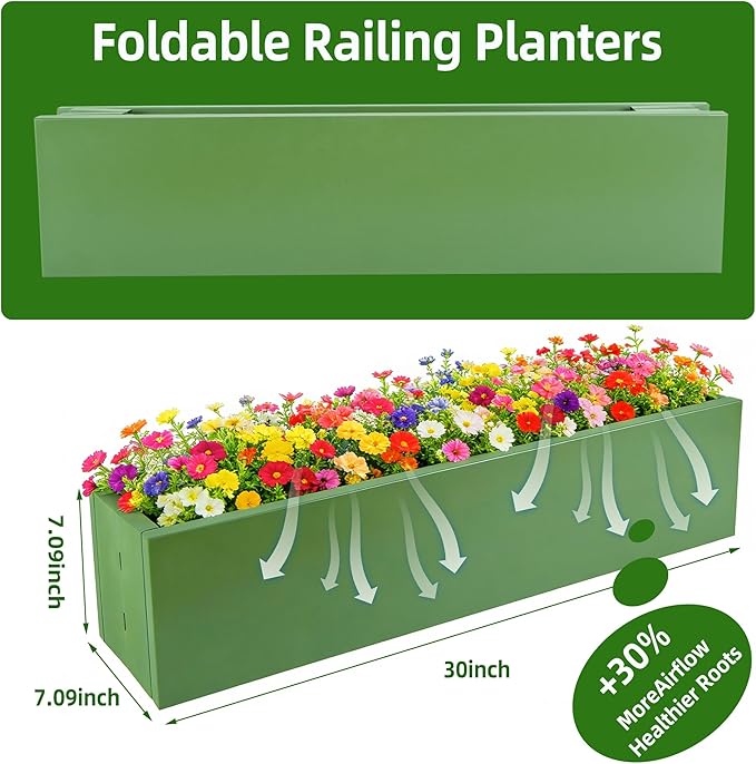 2 Pack Metal Railing Planter Box, 30 Inch Balcony Planters with Adjustable Brackets, Large Hanging Planters for Outdoor Fence Deck