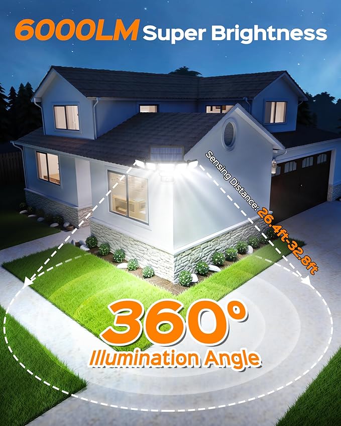 Solar Flood Lights Outdoor,6000LM 336 LEDs Dual Clip on Motion Sensor Lights with 360° Wide Angle &3 Modes, IP65 Waterproof Security Lights for Yard Patio Garage Garden,2Pack