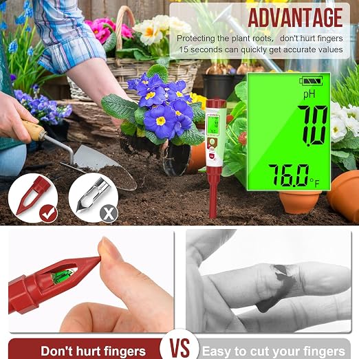 High Accuracy Digital pH Meter with Thermometer | For Soil, Garden, Water, Plants, Solution and Food, LCD Display, Calibration Powder Included, Plastic Protective Cap