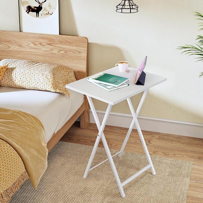 HOOBRO Folding TV Tray Tables, Set of 2 Side Table for Small Space, Industrial Snack Tables for Eating at Couch, Stable Metal Frame, Easy Assembly, Space Saving, White WW25BZ01N1