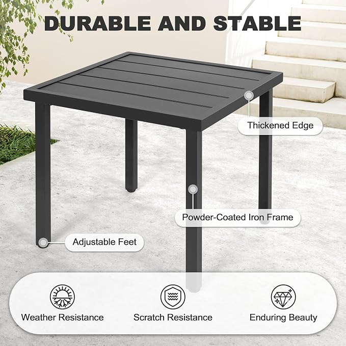 NUU GARDEN Square Outdoor Side Table with Slatted Top and Adjustable Feet, Powder-Coated Metal Patio Table, All-Weather Patio Coffee Table for Backyard Pool Porch Garden Lawn, Black