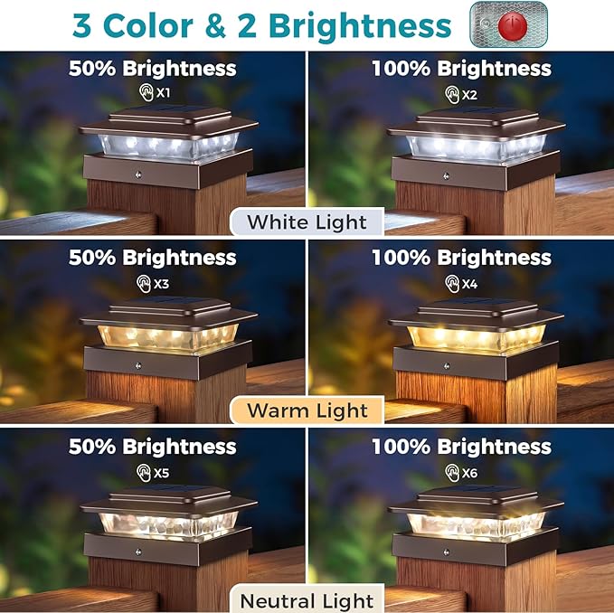 kolpop 4x4 Solar Post Cap Lights Outdoor 4Pack- 3 Color Temperatures&2 Level Brightness, IP65 Waterproof, 16 LED Fence Deck Post Light Solar Powered Only for 4×4/3.5×3.5 Wood/Vinyl Posts(Brown)
