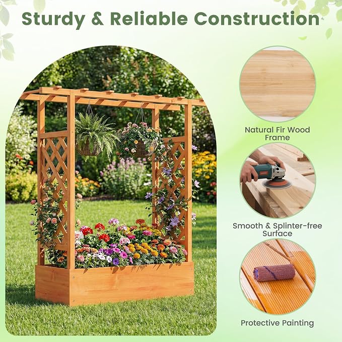 Giantex Wooden Raised Garden Bed with Trellis & Hanging Roof, 2 Pack Fir Wood Planter Box, 45" Freestanding Elevated Garden Bed for Outdoor Climbing Plants Vegetables Flowers, Patio & Balcony, Orange