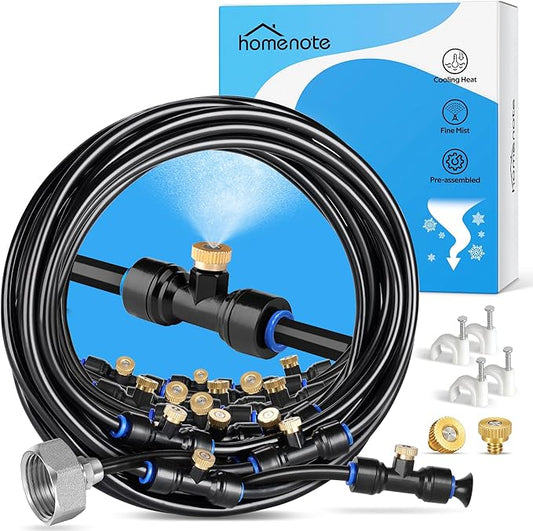HOMENOTE Misting Cooling System, 98FT(30M) Pre-Assembled Kit with 27 Brass Nozzles & 3/4" Brass Adapter, Cooling Mister for Patio, Backyard, Pets, Garden & Greenhouse