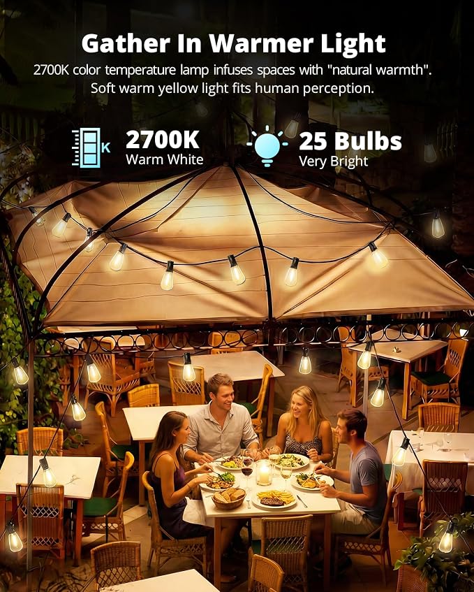 VIPAR String Lights Outdoor 50FT LED Patio Lights Outdoor Waterproof with 25+2 Shatterproof ST38 Edison Bulbs, Outside Hanging Light for Porch, Garden, Backyard, Deck, Balcony, Decor, 2700K Dimmable