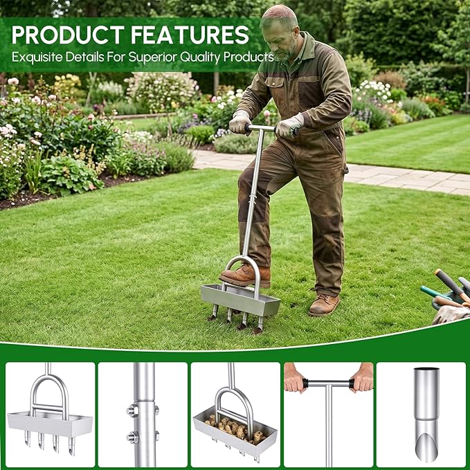 Lawn Coring Aerator, Manual Lawn Aerator Tool with 4 Stainless Steel Plug Corer, Pre-Assembled Grass Aerating Tool with Soil Core Storage Tray for Yard Garden Compacted Soil & Lawn Care