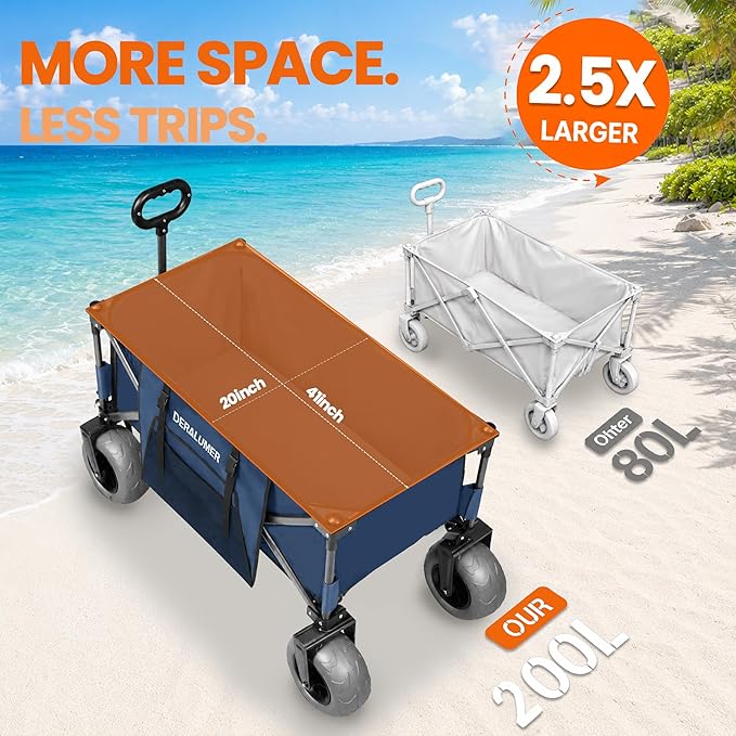 X800 Heavy Duty Beach Wagon with 9x4 Balloon Wheels – 200L Foldable Wagon Cart, 41" Collapsible Utility Wagon with Side Bag for Beach Essentials, Sports, Camping & Outdoor (Navy Blue)