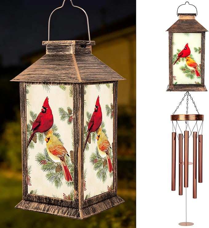 YHmall Cardinal Wind Chimes for Outside, 37" Hanging Memorial Solar Wind Chimes for Outside, Solar Lantern Christmas Cardinal Gifts for Women Mom Windchimes Outdoors for Patio Garden Decor Birthday