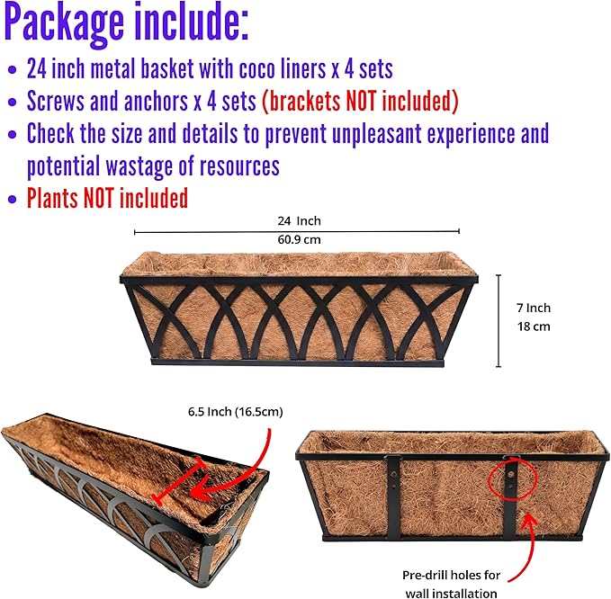 LaLaGreen Wall Planters (4 Pack, 24 Inch) Large Fence Planters for Outdoor Plants with Coco Liner Metal Deck Railing Flower Basket Window Box Attach House Outside Horse Trough Porch Balcony Garden
