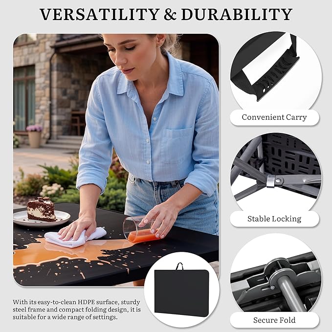 DWVO 6FT Folding Table, Heavy Duty Folding Tables with Carrying Handle, HDPE Fold up Table for Outdoor Camping Picnic Parties, Indoor Events (Black)