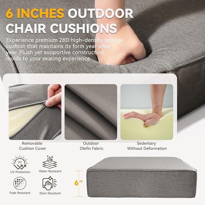 Outdoor Cushion Set for Furniture Patio Furniture, UV Resistant, Water Resistant - 6 Inch Thick Foam Garden Cushions – 22x24 Inch Patio Seat Covers for Chair/Sofa/Couch | Grey | 9-Pack |
