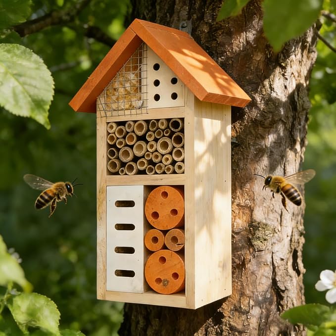 Lovebirds Pet Product Hanging Wooden Insect Hotel,House for Bee, Butterfly, Ladybirds,Insect Houses for the Garden Decor, 26x14.5x8cm, Bee House for Garden Pollinators