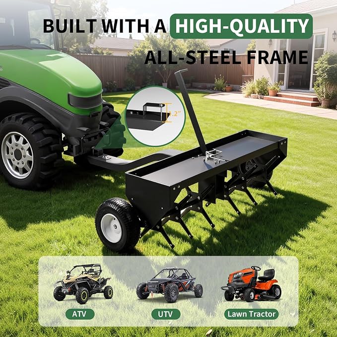 Heavy-Duty 48" Tow Behind Plug Aerator, 48" Working Width Core Aerator with 150 Lb Weight Tray, 24 Steel Tines & Inflatable Wheels, Universal Hitch Soil Aeration Tool for Lawn Tractor, ATV & Farm