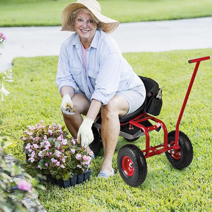 Giantex Garden Cart, Rolling Workseat with 4 Wheels, Tool Tray, Removable Cushion, Storage Basket, 2 Handles, Adjustable Height & 360 Swivel Work Seat, Gardening Stool for Patio Lawn (Red & Black)