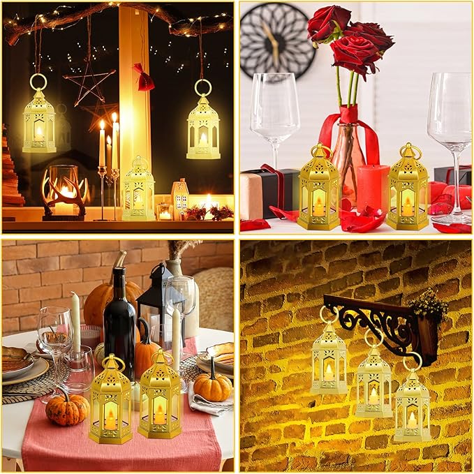 Hortsun 24 Pcs Vintage Lanterns Mini Lantern for Wedding Table Centerpiece Retro Decor with LED Candle Battery Powered Hanging for Medieval Wedding Cowboy Halloween Party Decoration Supplies(Glitter)
