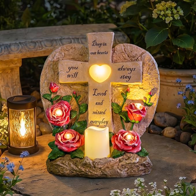 MXwcy Memorial Garden Stone Cross with LED Lights - Sympathy Gift, Bereavement & Remembrance for Loss of Loved One, Outdoor Indoor Grave Marker Decoration, Weatherproof Resin Heart Rose Design