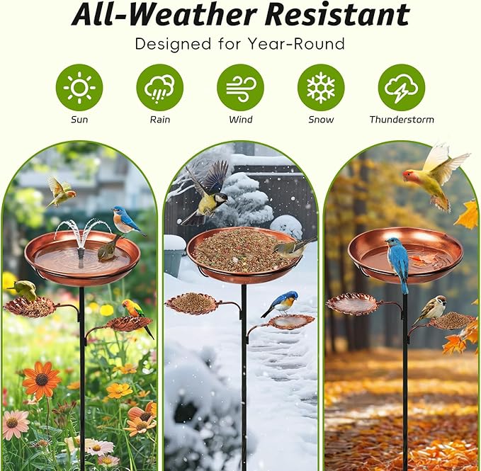 DRQ 35'' Metal Bird Bath for Outside, 12'' Dia × 2'' Deep Birdbath Bowl, Bird Feeder with 6.5'' 5-Pronged Base for Garden Decor, Patio, Yard, Lawn, Father's Day – Vintage Brown
