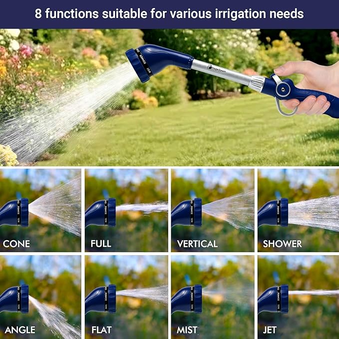 HugeDawn Garden Hose Wand, 16-Inch Heavy Duty Zinc Alloy & Aluminum Watering Wand with 8 Spray Patterns Thumb Control for Hanging Baskets, Garden, Cleaning (Blue)